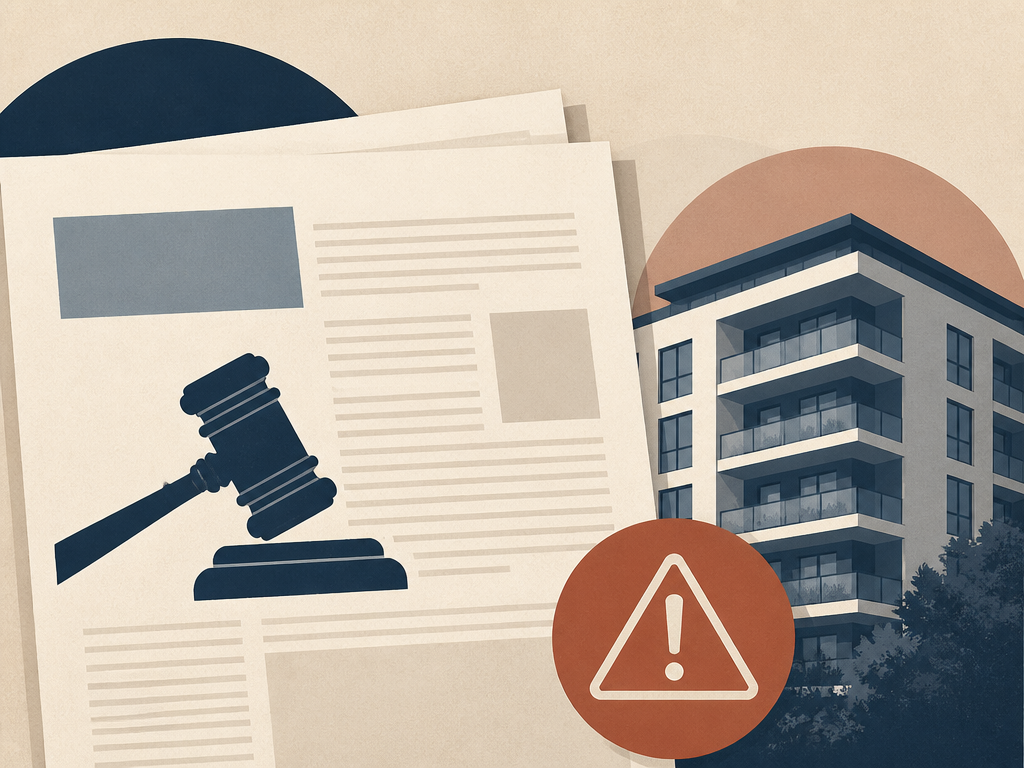 Ilustração editorial de documento jurídico, martelo e prédio residencial